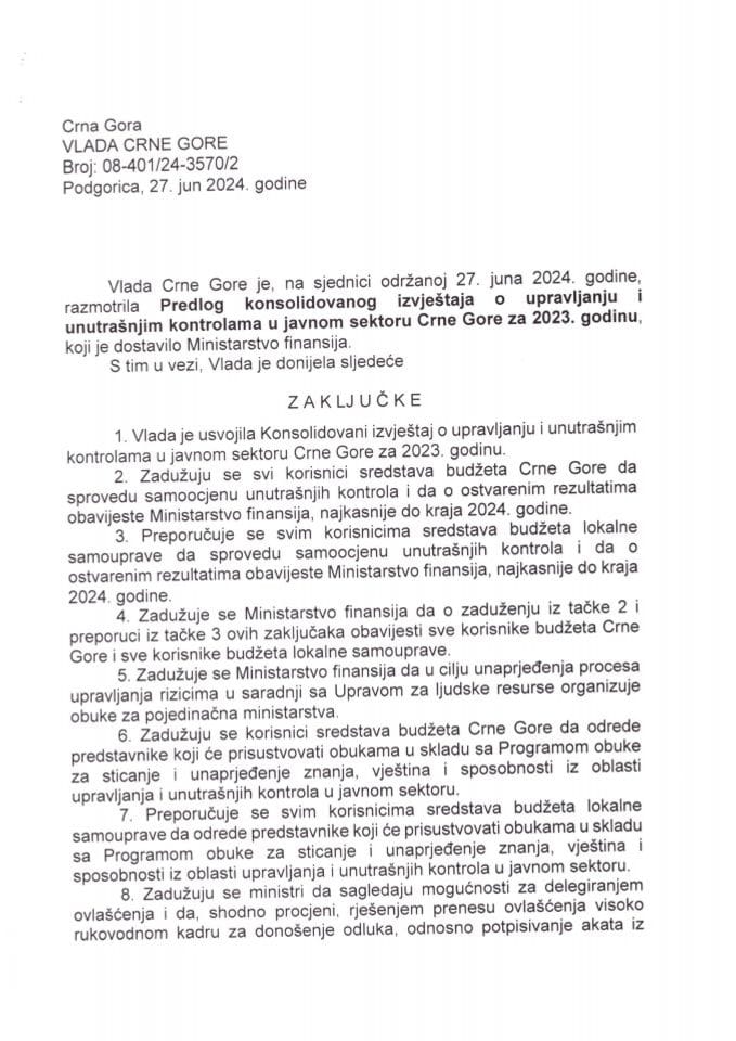 Prijedlog konsolidovanog izvještaja o upravljanju i unutrašnjim kontrolama u javnom sektoru Crne Gore za 2023. godinu - zaključci