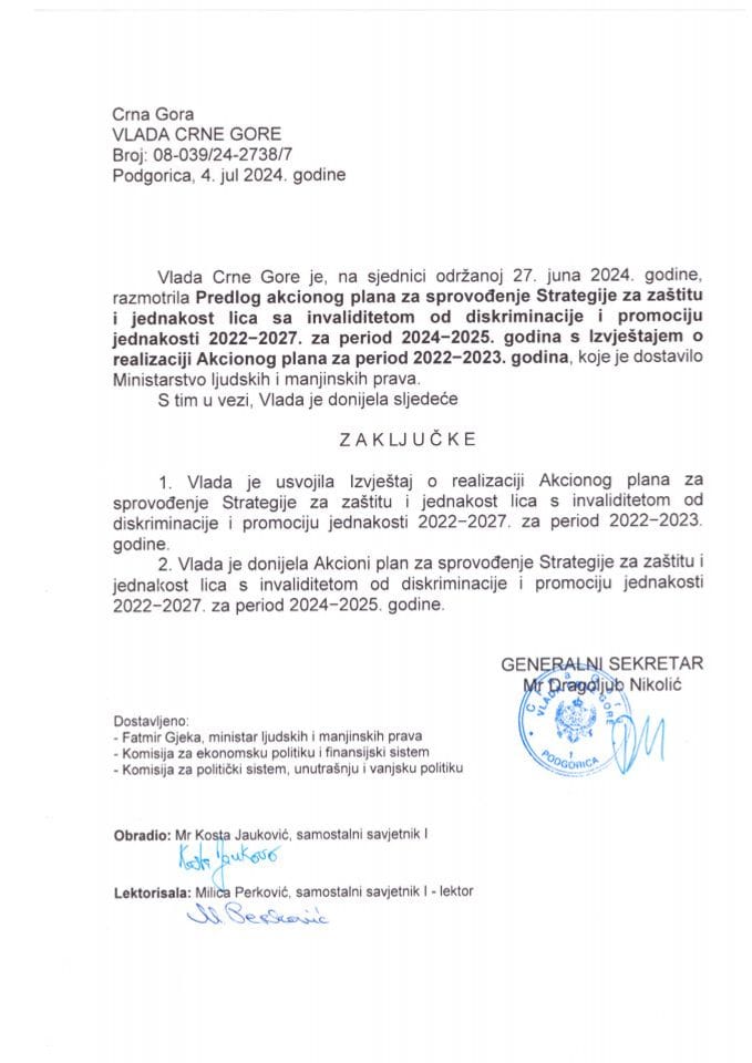 Prijedlog akcionog plana za sprovođenje Strategije za zaštitu lica sa invaliditetom od diskriminacije i promociju jednakosti 2022- 2027 za period 2024-2025 s Izvjestajem o realizaciji Akcionog plana za period 2022-2023. godina - zaključci