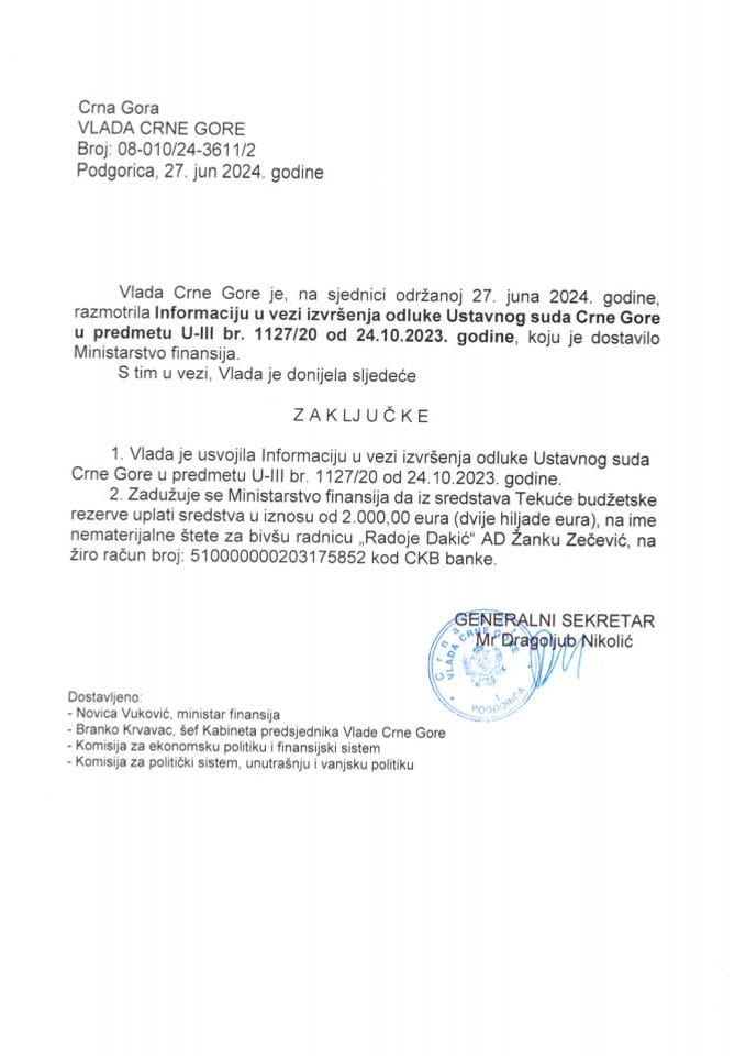 Informacija u vezi izvršenja odluke Ustavnog suda Crne Gore u predmetu U-III br. 1127/20 od 24.10.2023. godine - zaključci