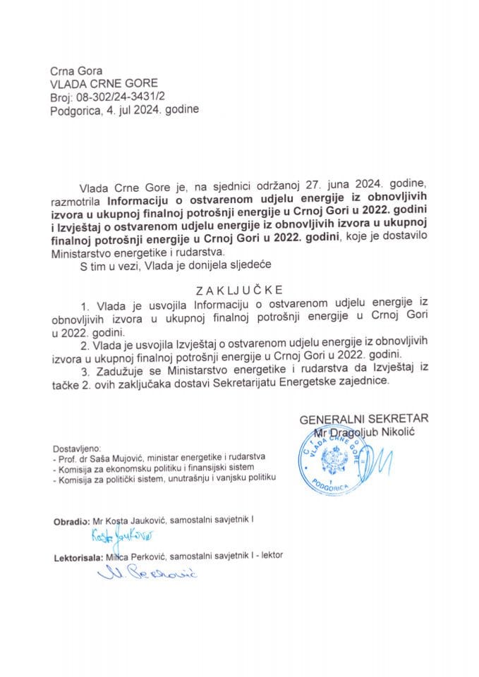 Informacija o ostvarenom udjelu energije iz obnovljivih izvora u ukupnoj finalnoj potrošnji energije u Crnoj Gori u 2022. godine i Izvještaj o ostvarenom udjelu energije iz obnovljivih izvora u ukupnoj finalnoj potrošnji energije u CG u 2022. - zaključci