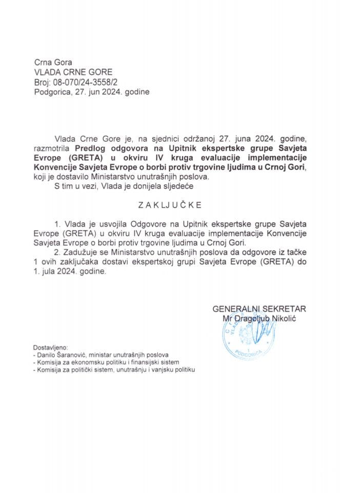 Prijedlog odgovora na Upitnik ekspertske grupe Savjeta Evrope (GRETA) u okviru IV kruga evaluacije implementacije Konvencije Savjeta Evrope o borbi protiv trgovine ljudima u Crnoj Gori - zaključci