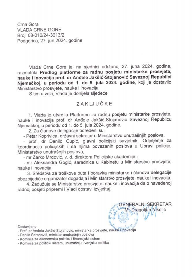 Prijedlog platforme za radnu posjetu ministarke prosvjete, nauke i inovacija, prof. dr Anđele Jakšić-Stojanović Saveznoj Republici Njemačkoj, u periodu od 1. do 5. jula 2024. godine - zaključci