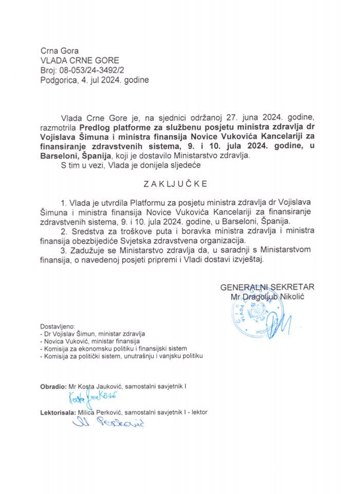 Prijedlog platforme za službenu posjetu ministra zdravlja dr Vojislava Šimuna i ministra finansija Novice Vukovića Kancelariji za finansiranje zdravstvenih sistema, 9-10.jul 2024.godine, Barselona, Španija - zaključci