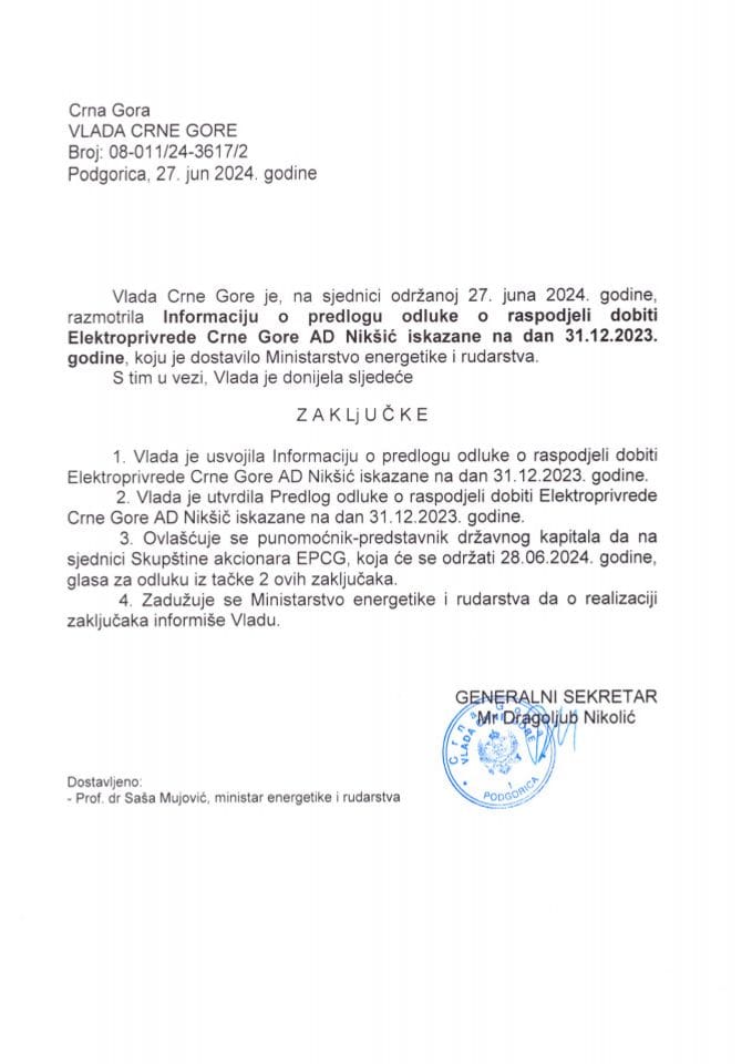 Informacija o prijedlogu odluke o raspodjeli dobiti Elektroprivrede Crne Gore AD Nikšić iskazane na 31.12.2023. godine - zaključci