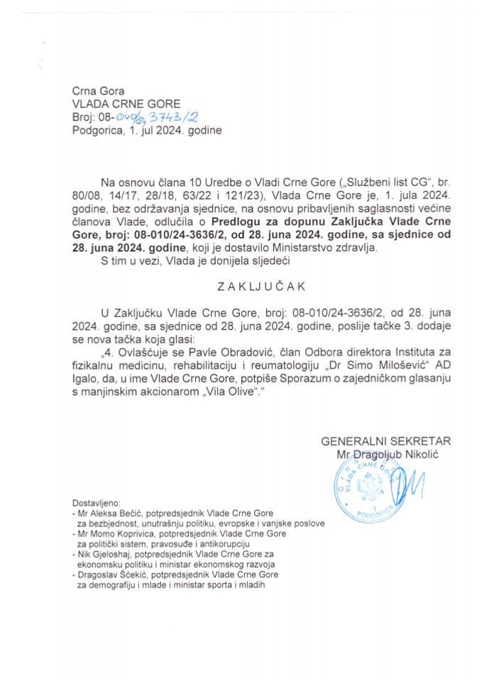 Предлог за допуну Закључка Владе Црне Горе, број: 08-010/24-3636/2, од 28. јуна 2024. године, са сједнице од 28. јуна 2024. године - закључци