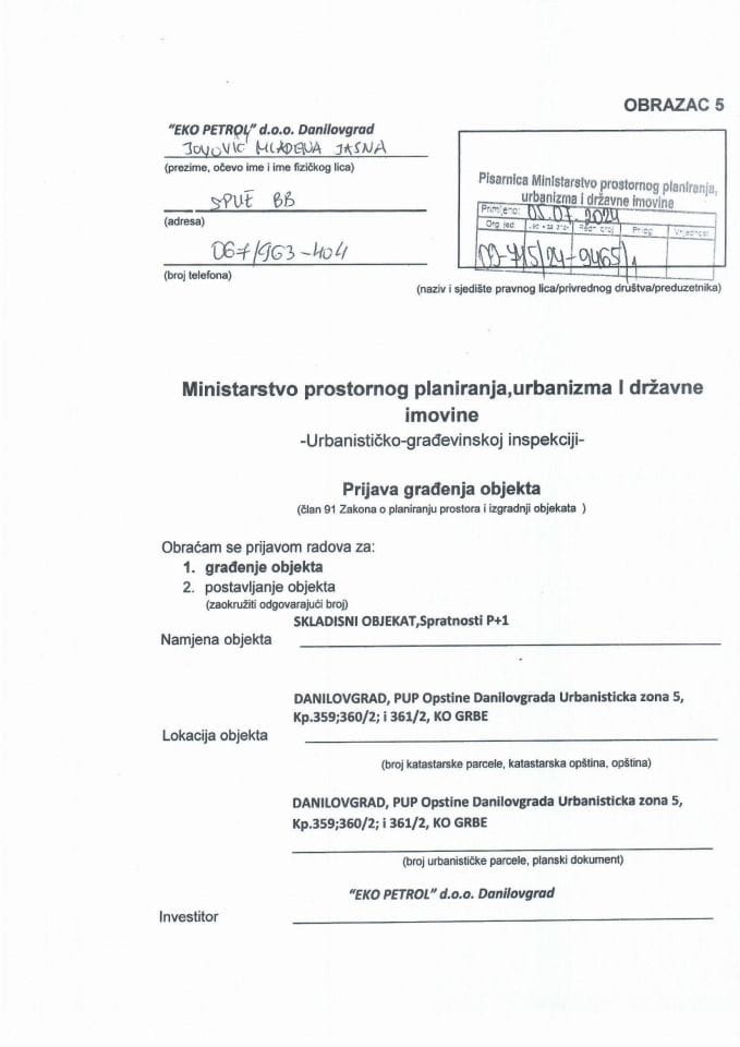 Prijava građenja objekta - 09-745-24-9465-1 eko petrol doo