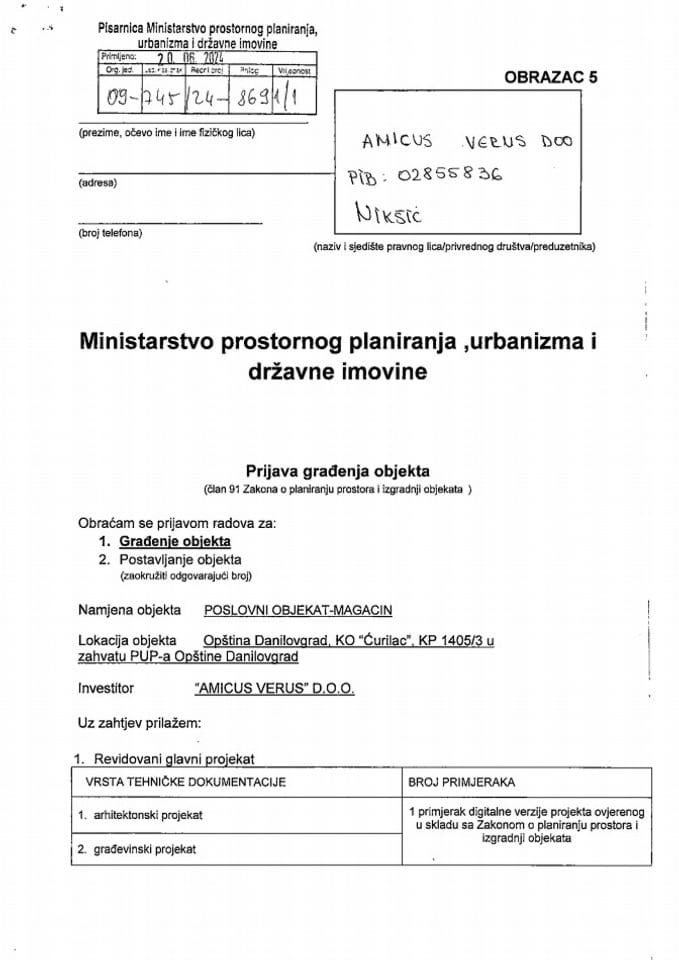 Prijava građenja objekta - 09-745-24-8691-1 AMICUS VERUS DOO