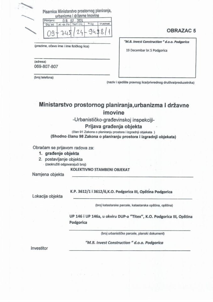 Prijava građenja objekta - 09-745-24-9498-1 m.b. invest construction doo