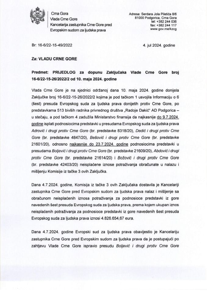 Predlog za dopunu Zaključaka Vlade Crne Gore, broj: 16-6/22-15-26/2022/2, od 10. maja 2024. godine