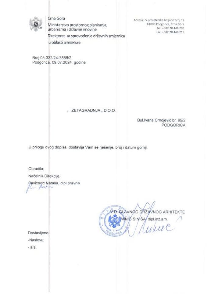 Rješenja glavnog državnog arhitekte - 09.07.2024 Rješenje -ZETAGRADNJA DOO, Podgorica -Opština Kolašin