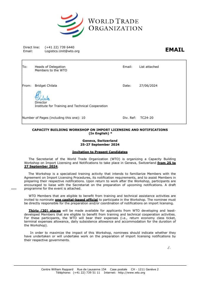 Invitation letter Import Licensing