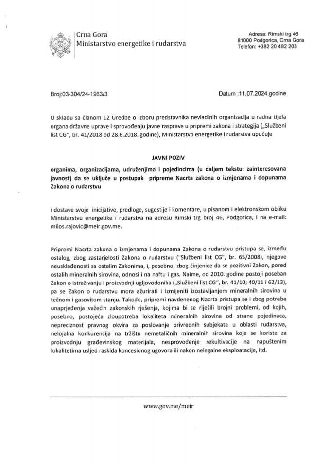 Javni poziv organima, organizacijama, udruženjima i pojedincima da se uključe u postupak  pripreme Nacrta zakona o izmjenama i dopunama Zakona o rudarstvu