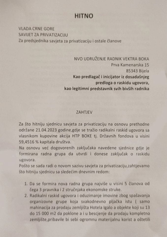 Zahtjev NVO Udruženja radnika „Vektra Boka“ AD – Herceg Novi od 9.1.2024. godine