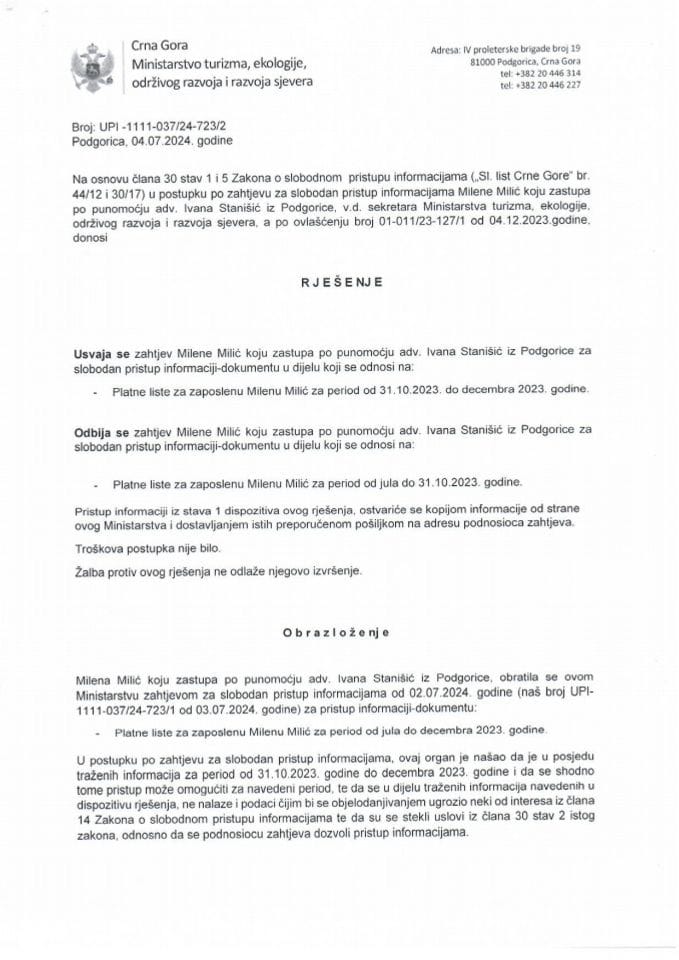 Rješenje - Slobodan pristup informacijama - UPI 1111-037-24-723-2 Milena Milić
