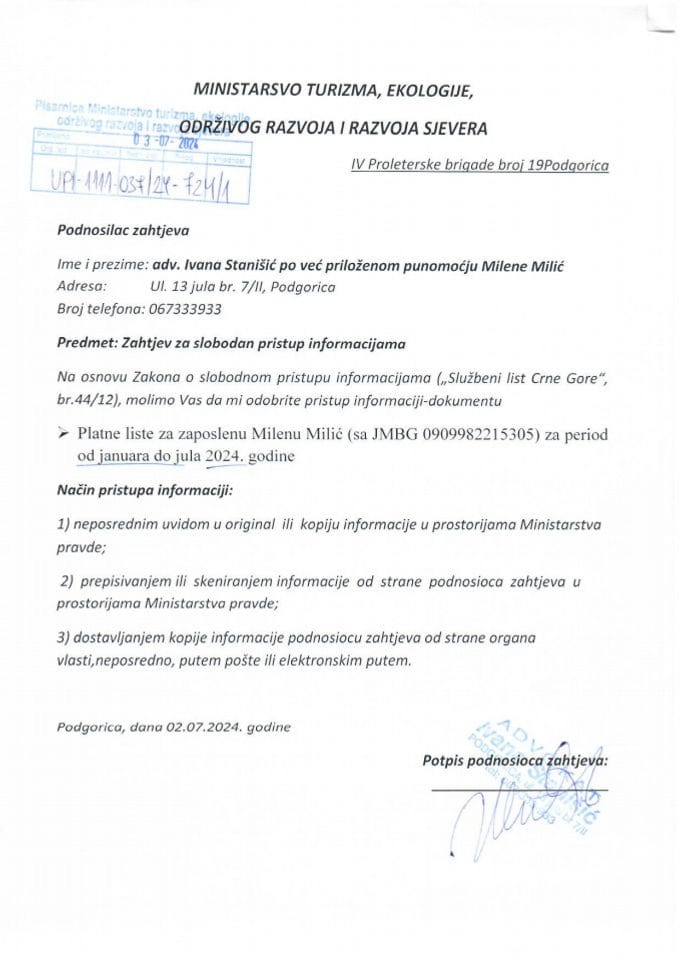 Zahtjev - Slobodan pristup informacijama - UPI 1111-037-24-724-1 Milena Milić