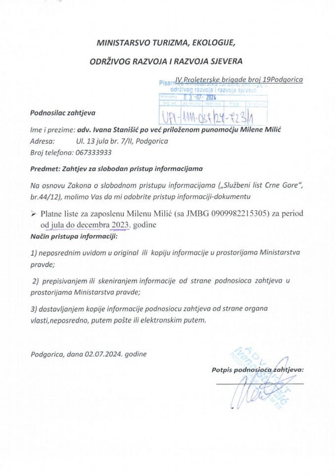 Zahtjev - Slobodan pristup informacijama - UPI 1111-037-24-723-1 Milena Milić