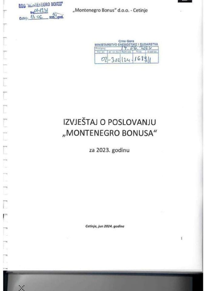 Izvještaj o poslovanju „Montenegro Bonus-a“ DOO za 2023. godinu, Izvještaj o reviziji finansijskih iskaza za 2023. i Godišnji izvještaj o aktivnostima na sprovođenju i unapređenju upravljanja i kontrola za 2023. (bez rasprave)