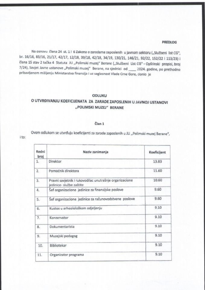 Предлог одлуке о утврђивању коефицијената за зараде запослених у Јавној установи „Полимски музеј“ Беране (без расправе)