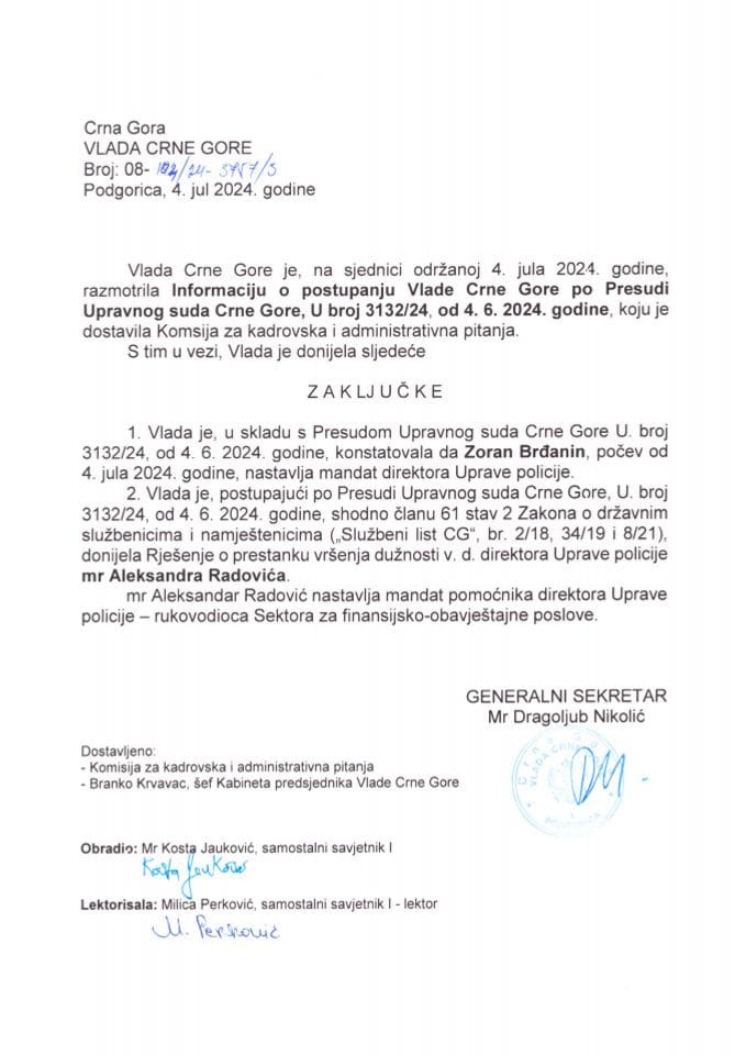 Informacija o postupanju Vlade Crne Gore po presudi Upravnog suda Crne Gore U. broj 3132/24, od 4. 6. 2024. godine - zaključci