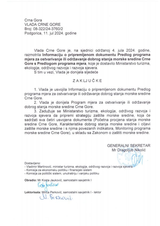 Информација о припремљеном документу Предлог програма мјера за остваривање или одржавање доброг стања морске средине Црне Горе с Предлогом програма мјера - закључци