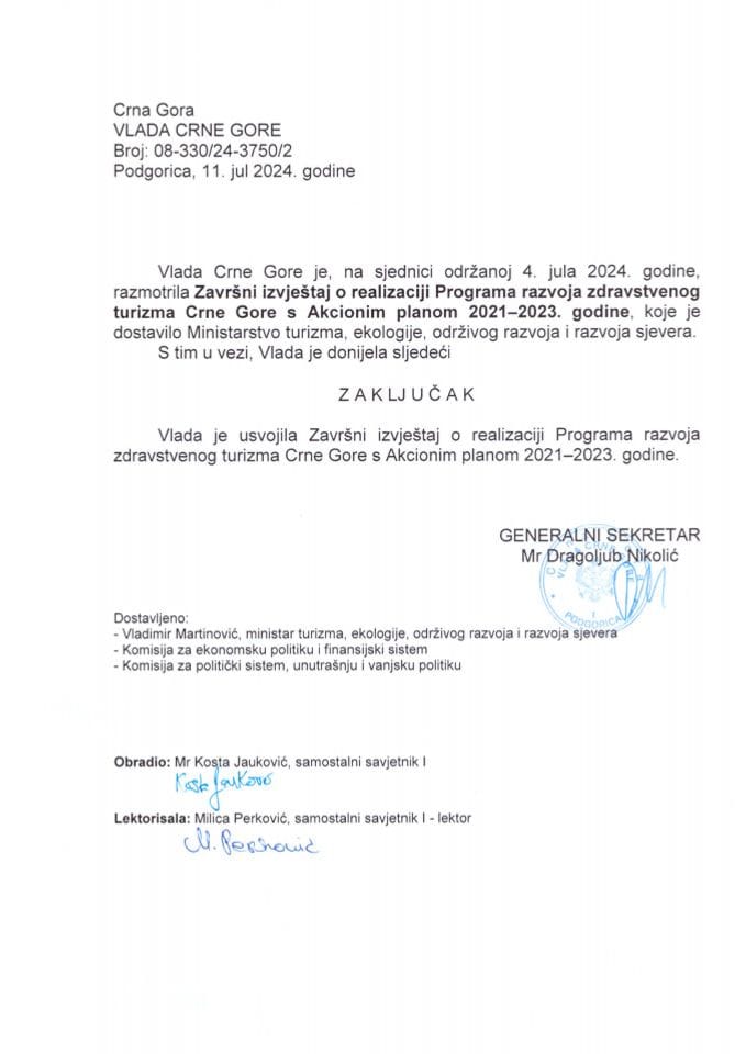Završni izvještaj o realizaciji Programa razvoja zdravstvenog turizma Crne Gore sa Akcionim planom 2021-2023. godine - zaključci