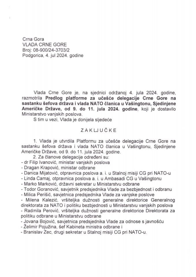Predlog platforme za učešće delegacije Crne Gore na sastanku šefova država i vlada NATO članica u Vašingtonu, Sjedinjene Američke Države, 9-11. jul 2024. godine - zaključci
