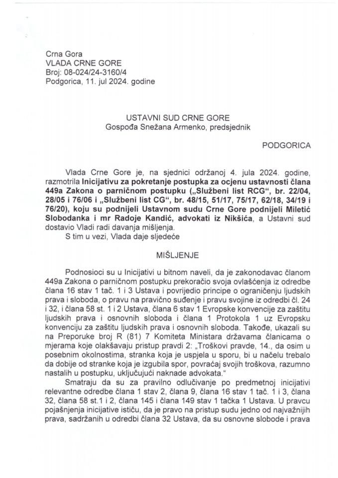 Predlog mišljenja na Inicijativu za pokretanje postupka za ocjenu ustavnosti člana 449a Zakona o parničnom postupku koju su podnijeli Slobodanka Miletić i mr Radoje Kandić, advokati iz Nikšića - zaključci