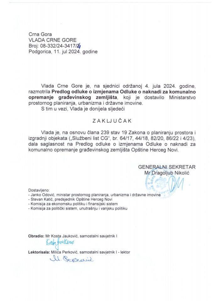 Predlog odluke o izmjenama Odluke o naknadi za komunalno opremanje građevinskog zemljišta Opštine Herceg Novi - zaključci