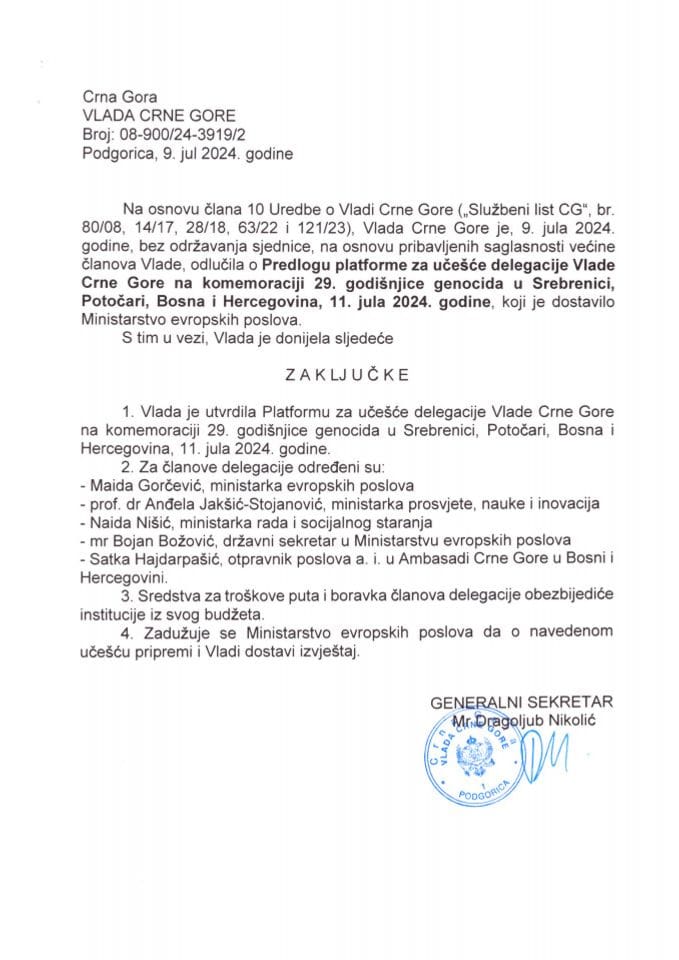Predlog platforme za učešće delegacije Vlade Crne Gore na komemoraciji 29. godišnjice genocida u Srebrenici, Potočari, Bosna i Hercegovina, 11. jul 2024. godine. - zaključci