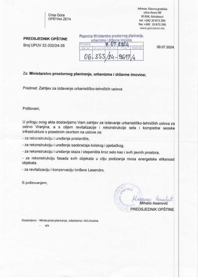Zahtjevi za izdavanje urbanističko tehničkih uslova - 06_333_24_9617_1 Opština Zeta