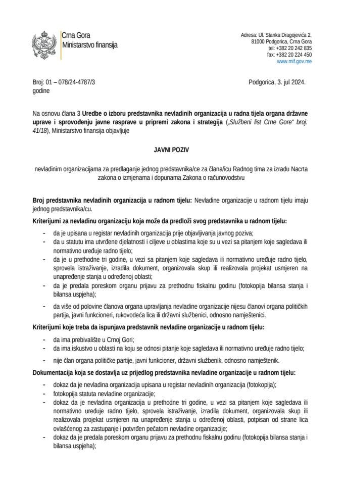 Javni poziv nevladinim organizacijama za predlaganje jednog predstavnika/ce za člana/icu Radnog tima za izradu Nacrta zakona o izmjenama i dopunama Zakona o računovodstvu