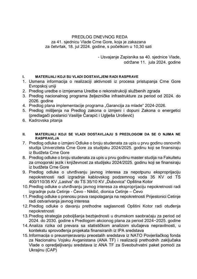 Predlog dnevnog reda za 41. sjednicu Vlade Crne Gore