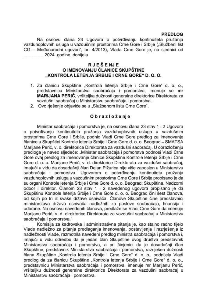 Predlog za imenovanje članice Skupštine „Kontrola letenja Srbije i Crne Gore“ d.o.o
