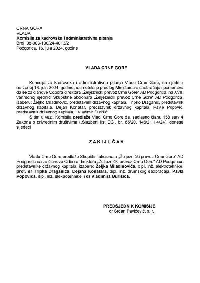 Predlog za izbor članova Odbora direktora “Željeznički prevoz Crne Gore” AD Podgorica