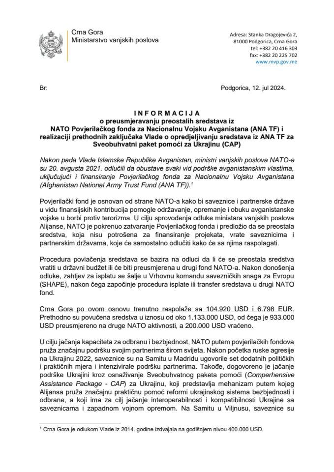 Informacija o preusmjeravanju preostalih sredstava iz NATO Povjerilačkog fonda za Nacionalnu Vojsku Avganistana (ANA TF)