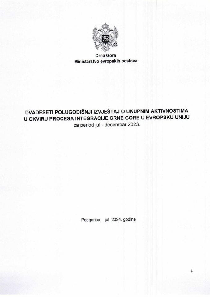 Двадесети полугодишњи извјештај о укупним активностима у оквиру процеса интеграције Црне Горе у Европску унију за период јул - децембар 2023.