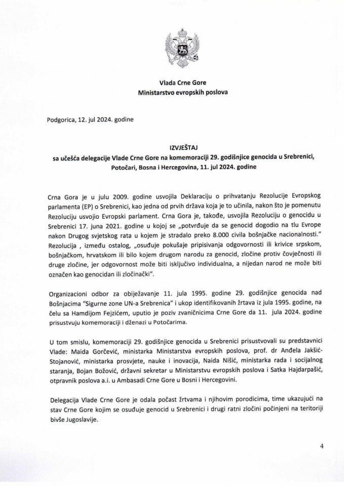 Извјештај са учешћа делегације Владе Црне Горе на комеморацији 29. годишњице геноцида у Сребреници, Поточари, Босна и Херцеговина, 11. јул 2024. године
