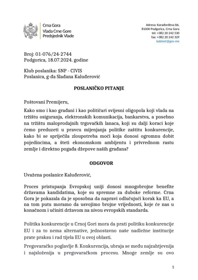 Premijerski sat: Odgovor predsjednika Vlade Milojka Spajića na poslaničko pitanje Slađane Kaluđerović