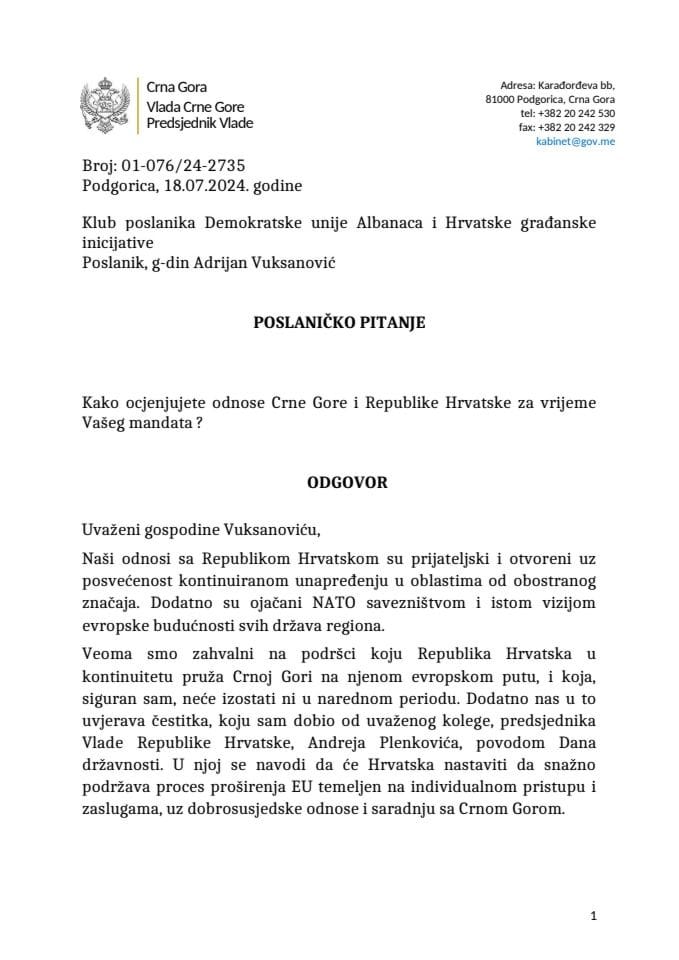 Premijerski sat: Odgovor predsjednika Vlade Milojka Spajića na poslaničko pitanje Adrijana Vuksanovića