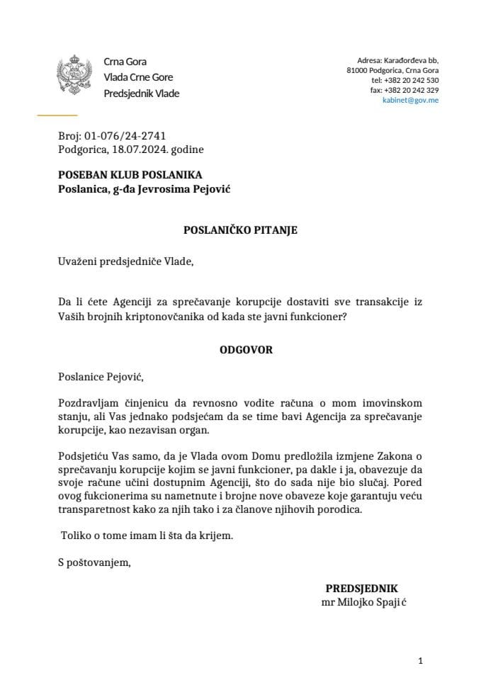 Премијерски сат: Одговор предсједника Владе Милојка Спајића на посланичко питање Јевросиме Пејовић