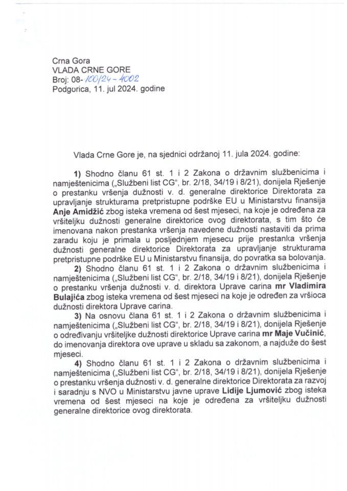 Kadrovska pitanja sa 40. sjednice Vlade Crne Gore - zaključci