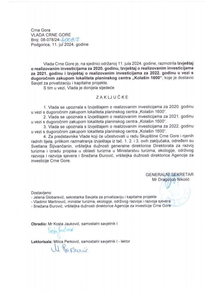 Izvještaj o realizovanim investicijama za 2020. godinu, Izvještaj o realizovanim investicijama za 2021. godinu i Izvještaj o realizovanim investicijama za 2022. godinu u vezi s dugoročnim zakupom lokaliteta planinskog centra „Kolašin 1600“ - zaključci