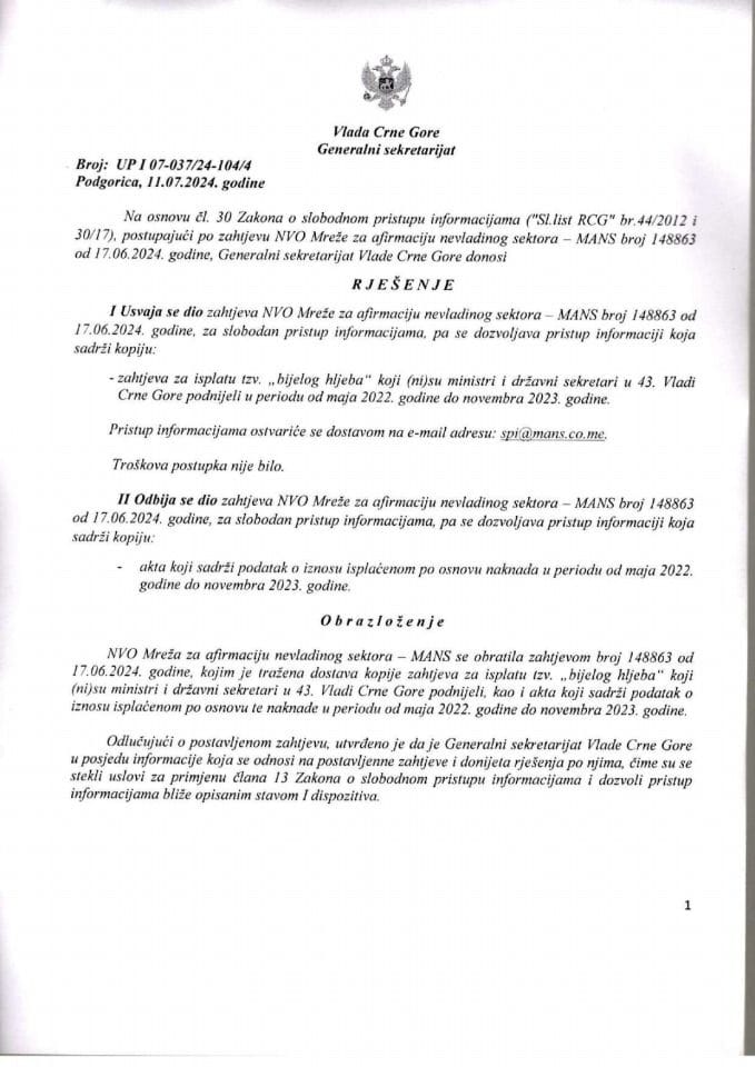 Informacija kojoj je pristup odobren po zahtjevu NVO Mreža za afirmaciju nevladinog sektora MANS od 17.06.2024. godine – UPI - 07-037/24-104/4