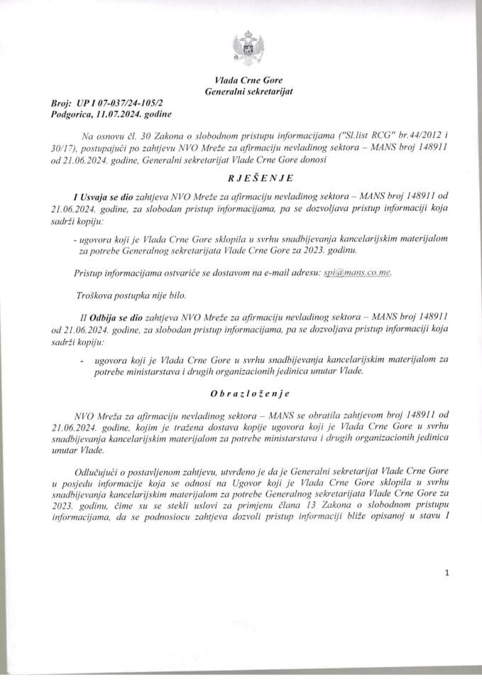 Informacija kojoj je pristup odobren po zahtjevu NVO Mreža za afirmaciju nevladinog sektora MANS od 21.06.2024. godine – UPI - 07-037/24-105/2