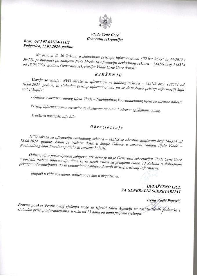 Informacija kojoj je pristup odobren po zahtjevu NVO Mreža za afirmaciju nevladinog sektora MANS od 18.06.2024. godine – UPI - 07-037/24-111/2