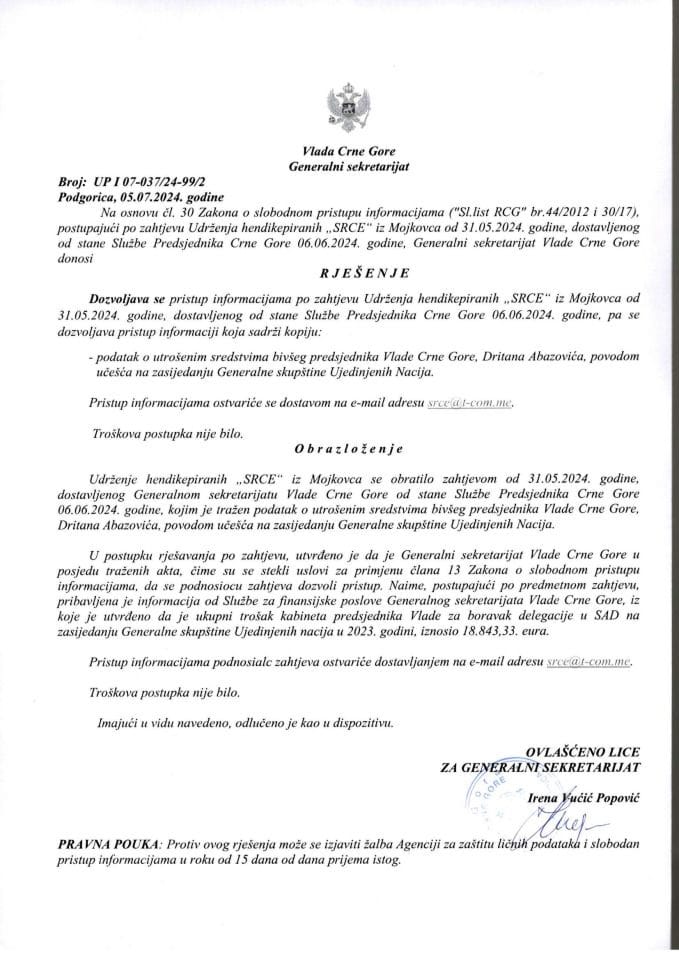 Informacija kojoj je pristup odobren po zahtjevu Udruženja hendikepiranih "SRCE" iz Mojkovca od 31.05.2024. godine – UPI 07-037/24-99/2