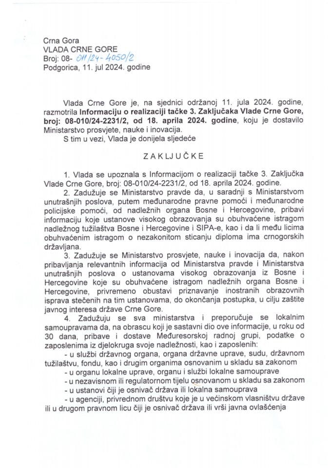 Informacija o realizaciji tačke 3. Zaključka Vlade Crne Gore, broj: 08-010/24-2231/2, od 18. aprila 2024. godine (bez rasprave) - zaključci