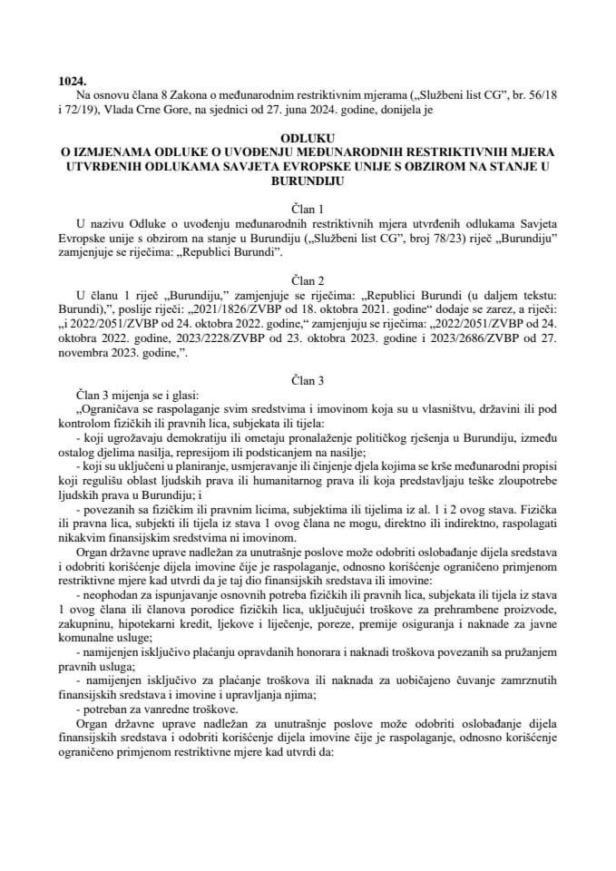 ODLUKA O IZMJENAMA ODLUKE O UVOĐENJU MEĐUNARODNIH RESTRIKTIVNIH MJERA UTVRĐENIH ODLUKAMA SAVJETA EVROPSKE UNIJE S OBZIROM NA STANJE U BURUNDIJU