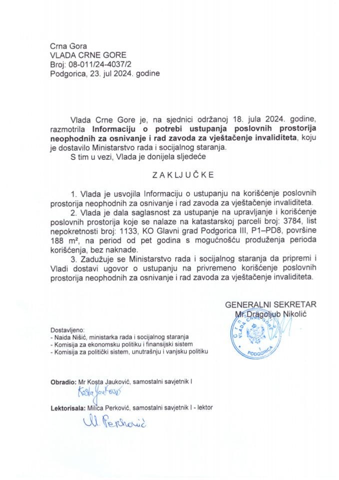 Информација о потреби уступања пословних просторија неопходних за оснивање и рад Завода за вјештачење инвалидитета - закључци