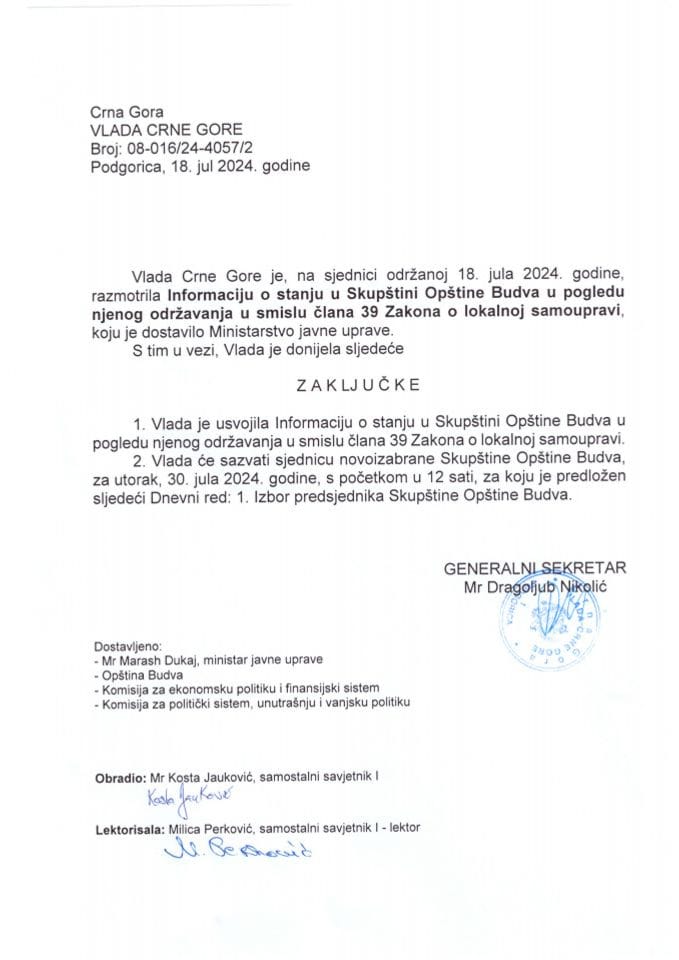 Информација о стању у Скупштини општине Будва у погледу њеног одржавања у смислу члана 39 Закона о локалној самоуправи - закључци